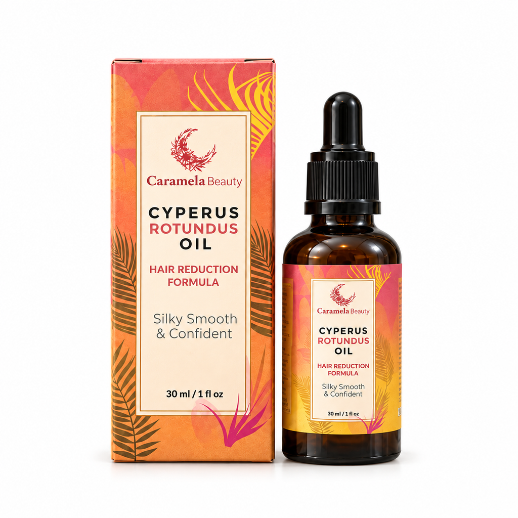 Cyperus Rotundus Oil Caramela Beauty · 30 ml, sobre fondo blanco. Composición basada en la referencia del proveedor.