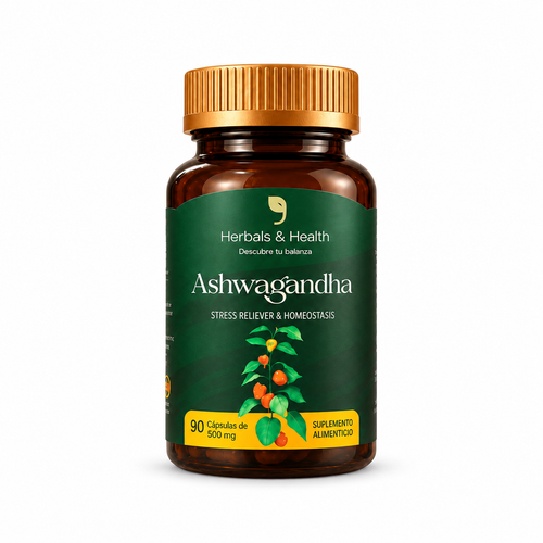Ashwagandha Herbals, sobre fondo blanco. Composición basada en la referencia del proveedor.