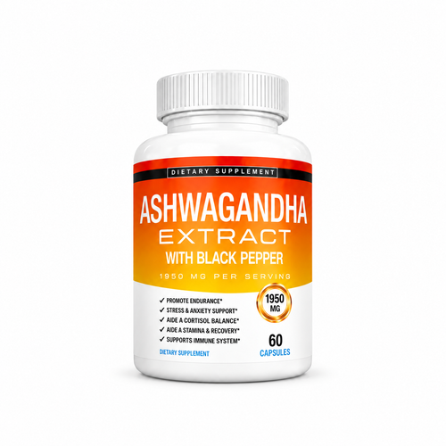 Ashwagandha Extract con pimienta negra · 60 cápsulas, sobre fondo blanco. Composición basada en la referencia del proveedor.