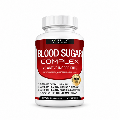 Blood Sugar Complex Toplux · 60 cápsulas, sobre fondo blanco. Composición basada en la referencia del proveedor.