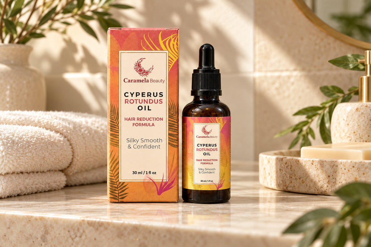 Cyperus Rotundus Oil Caramela Beauty: composición editorial basada en la referencia del proveedor, con ambientación decorativa.