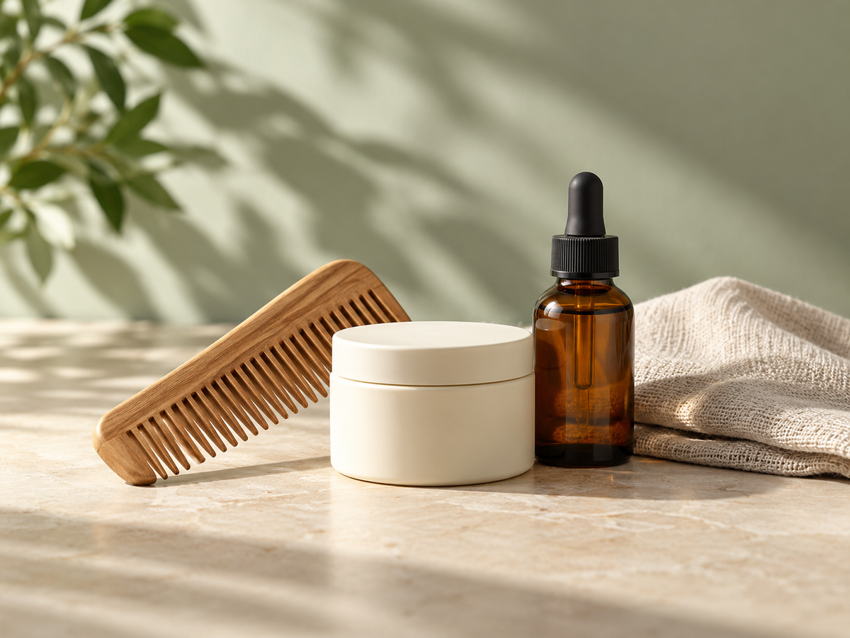 Escena ilustrativa de cuidado de piel y cabello con peine y envases neutros