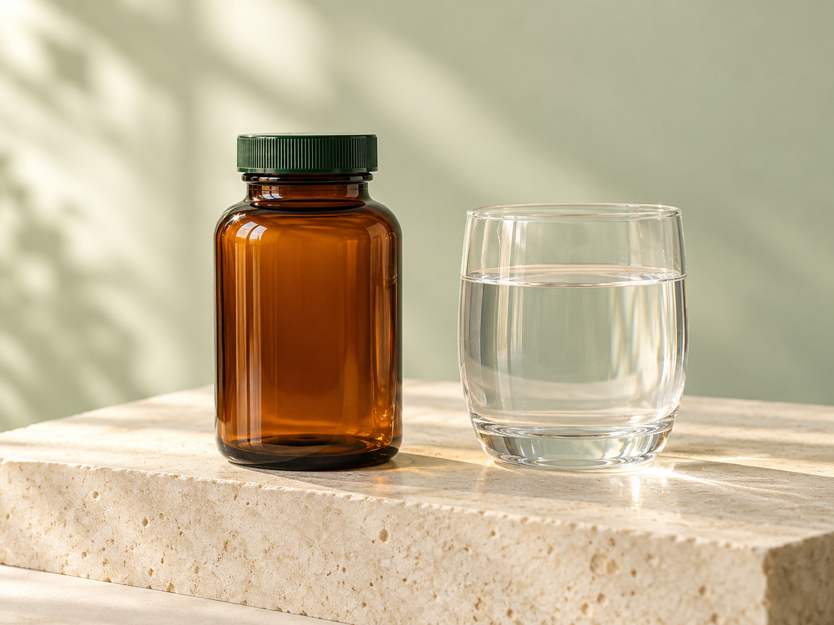 Escena ilustrativa de suplementos con frasco cerrado y vaso de agua