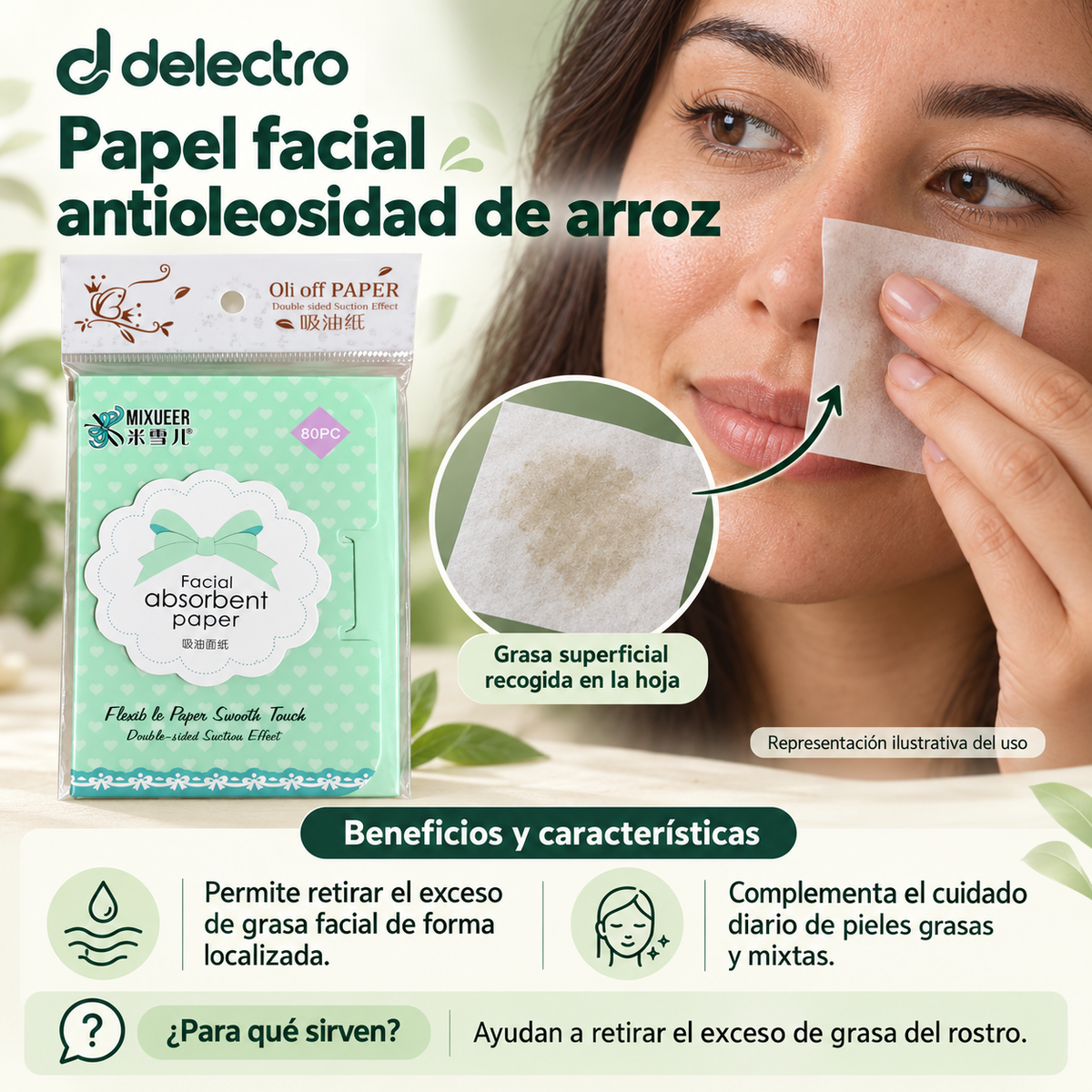 Papel facial antioleosidad de arroz: beneficios, aplicación localizada y representación ilustrativa de la grasa superficial recogida en la hoja.