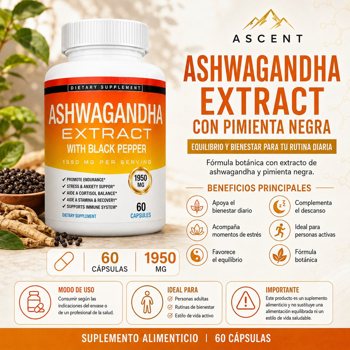 Ashwagandha Extract con pimienta negra, 60 cápsulas