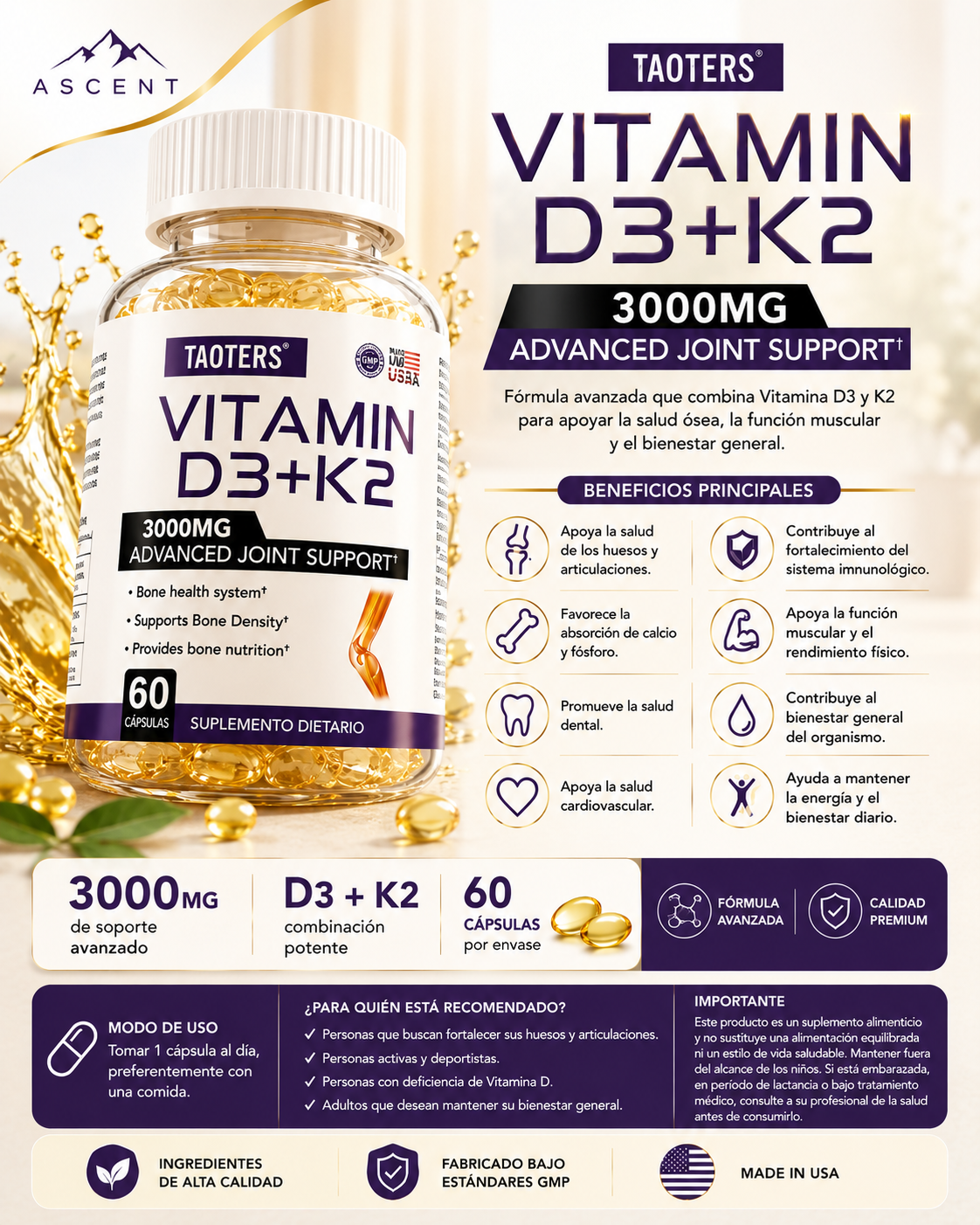 Vitamina D3 + K2 Taoters, 60 cápsulas