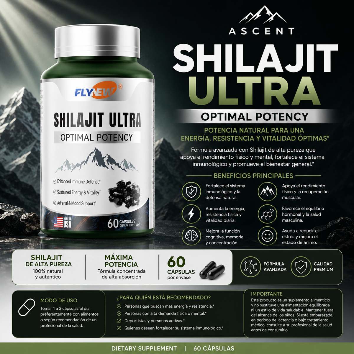 Shilajit Ultra Flynew, 60 cápsulas