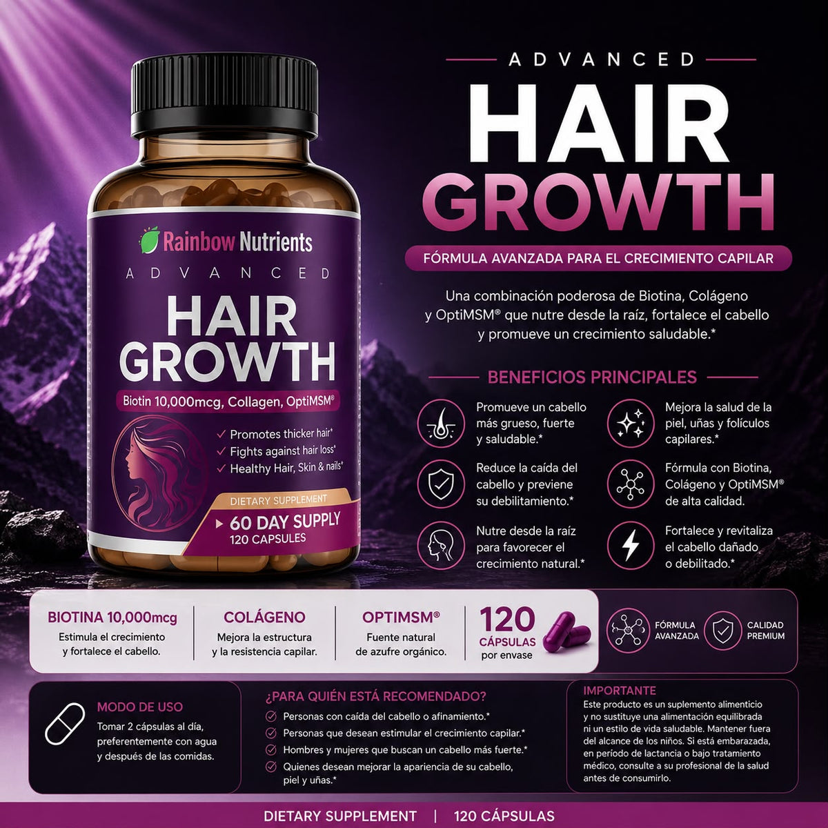 Hair Growth Advanced Rainbow Nutrients, 120 cápsulas
